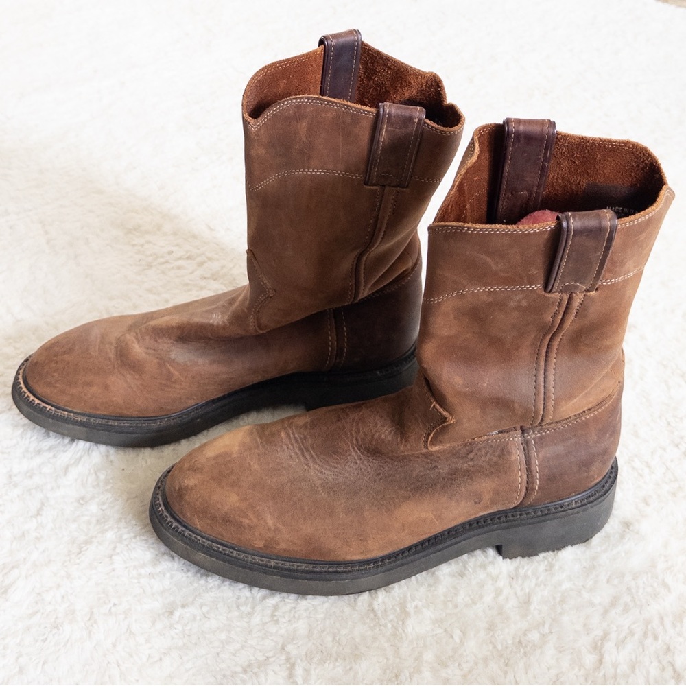 Justin Men’s Round-Up Pull-On Work Boots Size 9 Brown Leather - Picture 3 of 10